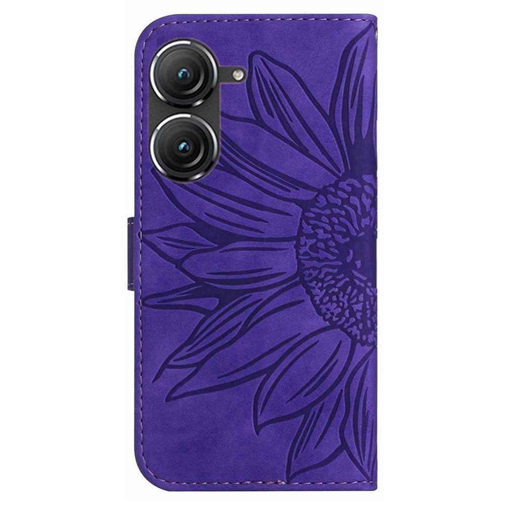 For Asus Zenfone 9 5G HT04 Imprinted Sunflower Wallet Case Skin-Touch PU Leather Stand Feature Flip Phone Cover with Hand Strap