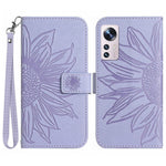 Xiaomi 12 Lite 5G HT04 Präglad solros PU-läder plånboksfodral Skin-Touch Stativ Magnetisk stängning Flip Phone Cover med rem