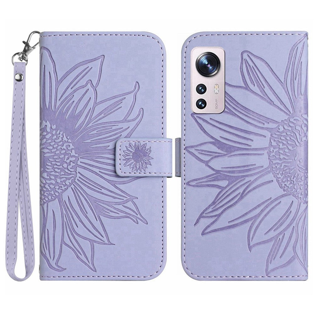 Xiaomi 12 Lite 5G HT04 Präglad solros PU-läder plånboksfodral Skin-Touch Stativ Magnetisk stängning Flip Phone Cover med rem