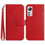 Xiaomi 12 Lite 5G HT04 Präglad solros PU-läder plånboksfodral Skin-Touch Stativ Magnetisk stängning Flip Phone Cover med rem