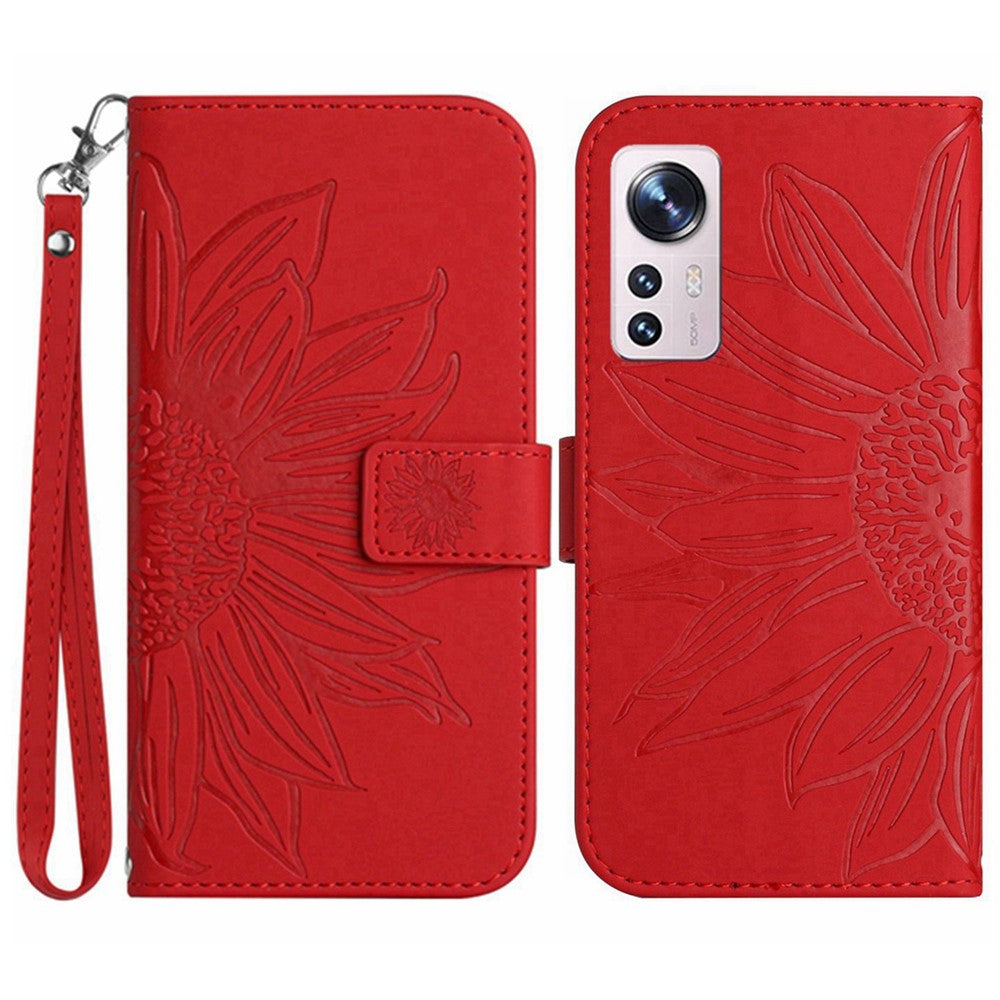 Xiaomi 12 Lite 5G HT04 Präglad solros PU-läder plånboksfodral Skin-Touch Stativ Magnetisk stängning Flip Phone Cover med rem