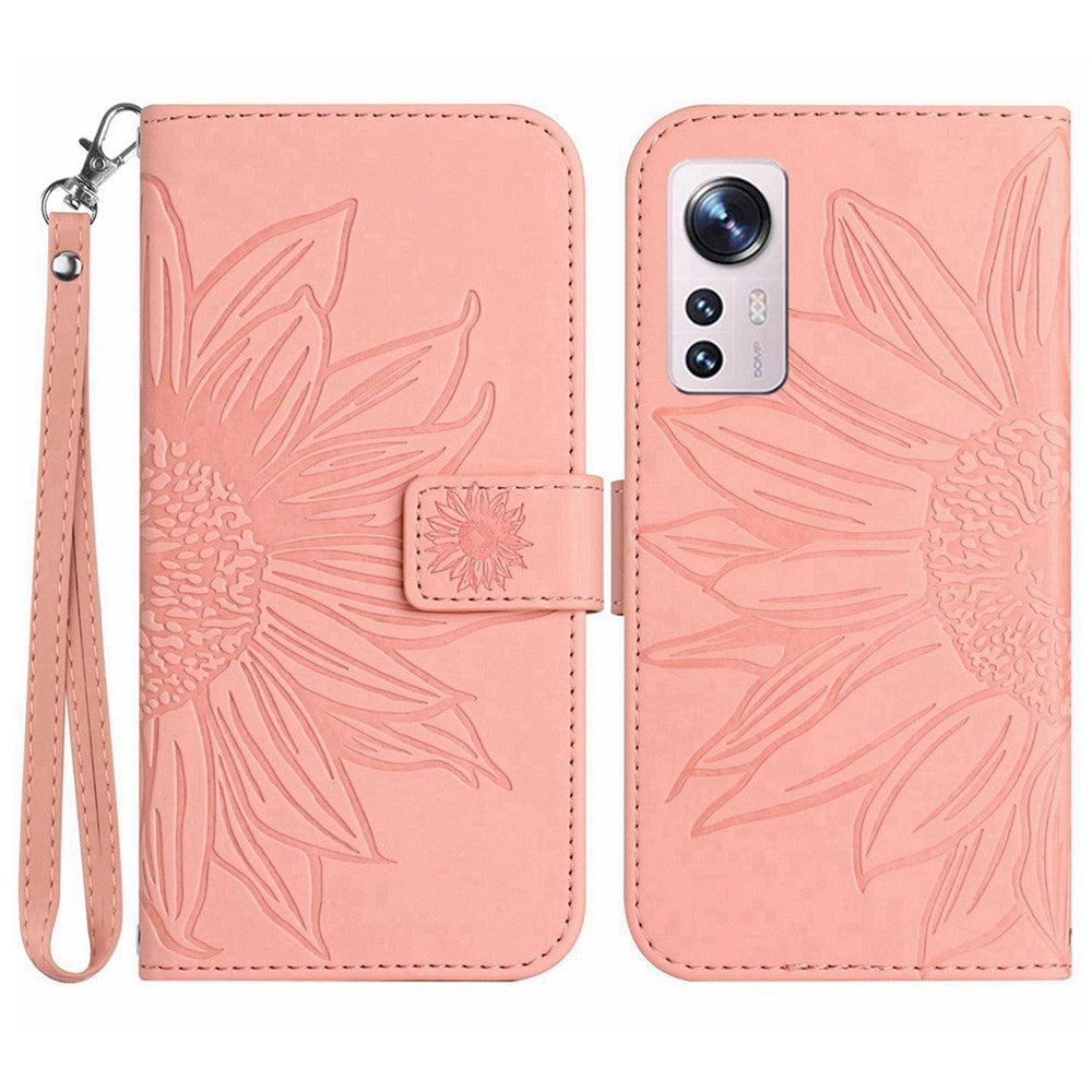 For Xiaomi 12 Lite 5G HT04 Imprinted Sunflower PU Leather Wallet Case Skin-Touch Stand Magnetic Closure Flip Phone Cover with Strap