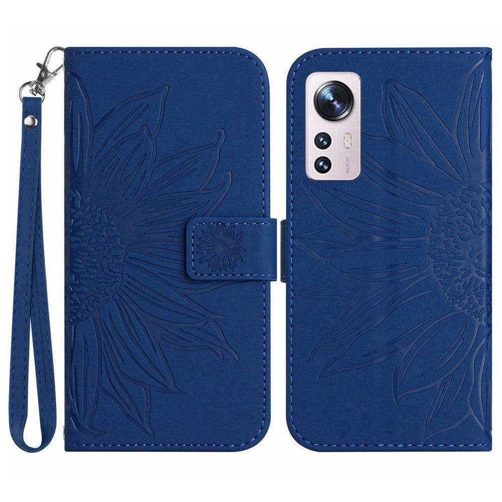 Xiaomi 12 Lite 5G HT04 Präglad solros PU-läder plånboksfodral Skin-Touch Stativ Magnetisk stängning Flip Phone Cover med rem