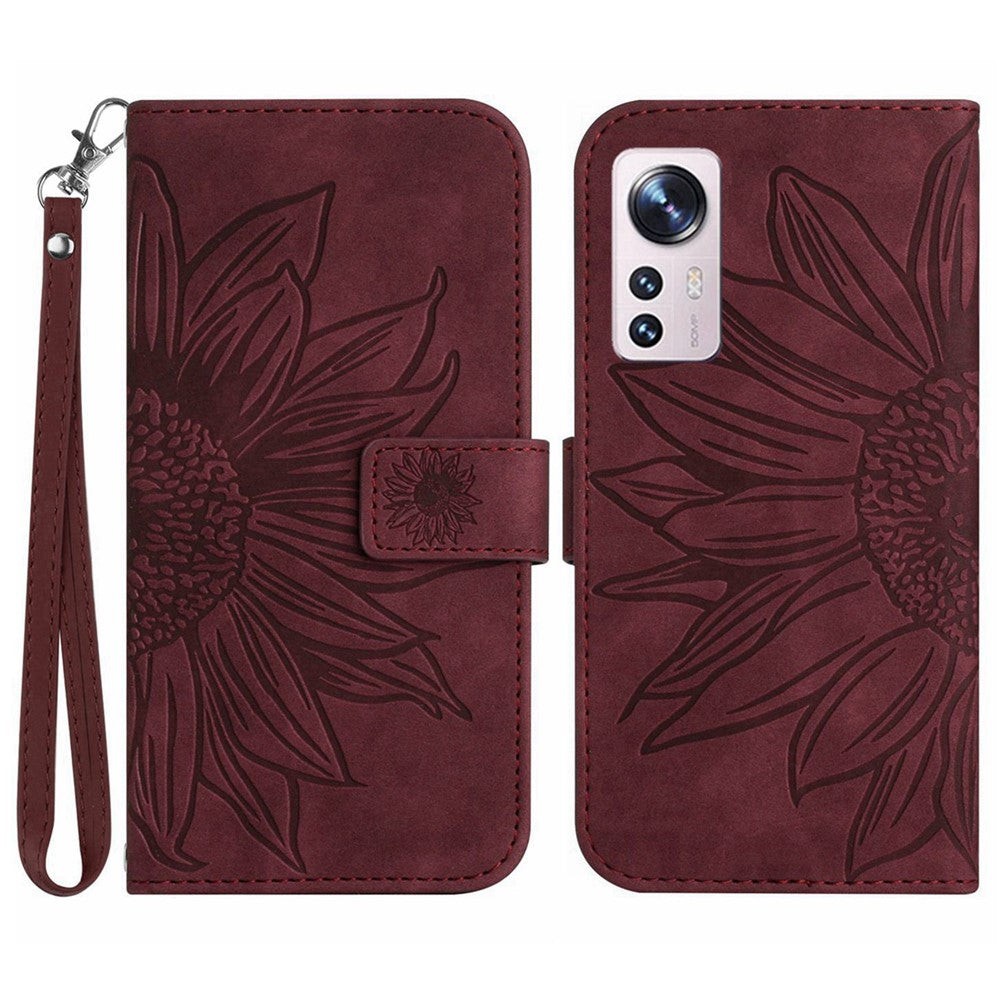 Xiaomi 12 Lite 5G HT04 Präglad solros PU-läder plånboksfodral Skin-Touch Stativ Magnetisk stängning Flip Phone Cover med rem