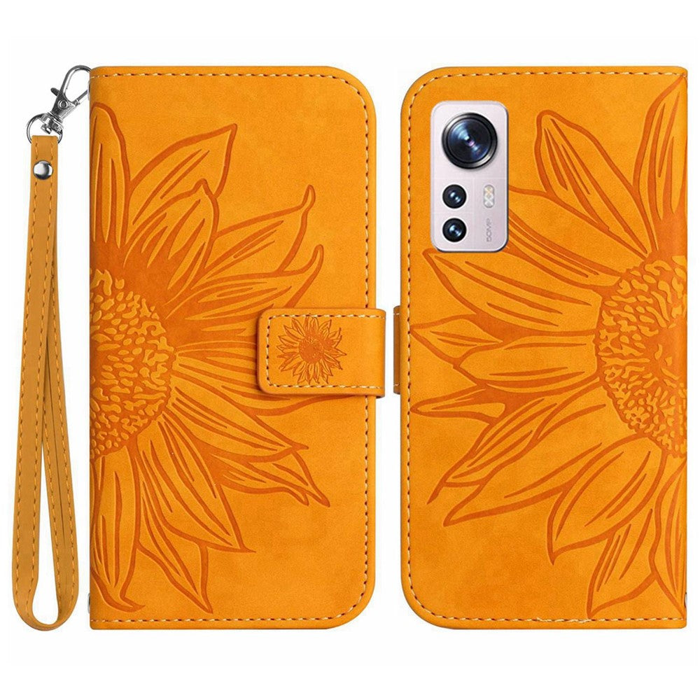Xiaomi 12 Lite 5G HT04 Präglad solros PU-läder plånboksfodral Skin-Touch Stativ Magnetisk stängning Flip Phone Cover med rem