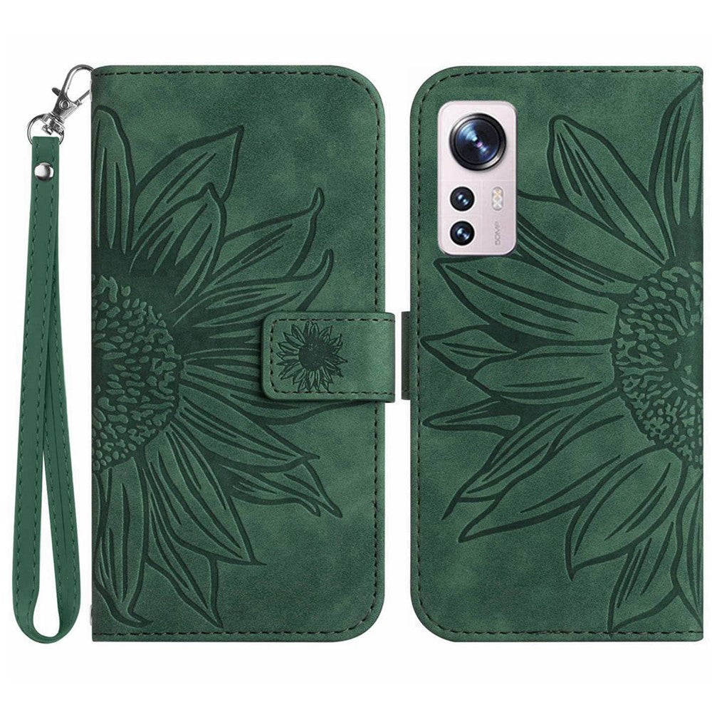 For Xiaomi 12 Lite 5G HT04 Imprinted Sunflower PU Leather Wallet Case Skin-Touch Stand Magnetic Closure Flip Phone Cover with Strap