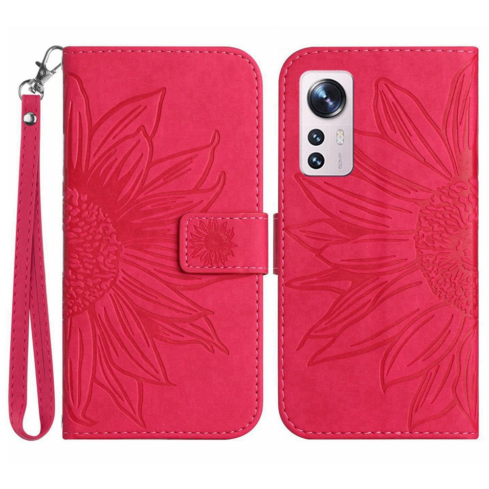 Xiaomi 12 Lite 5G HT04 Präglad solros PU-läder plånboksfodral Skin-Touch Stativ Magnetisk stängning Flip Phone Cover med rem