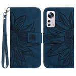 Xiaomi 12 Lite 5G HT04 Präglad solros PU-läder plånboksfodral Skin-Touch Stativ Magnetisk stängning Flip Phone Cover med rem