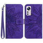 Xiaomi 12 Lite 5G HT04 Präglad solros PU-läder plånboksfodral Skin-Touch Stativ Magnetisk stängning Flip Phone Cover med rem