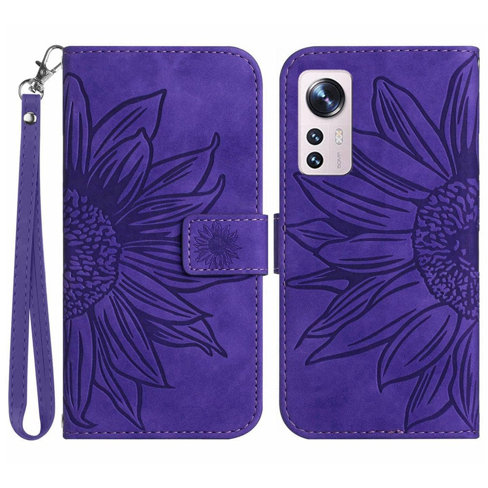 Xiaomi 12 Lite 5G HT04 Präglad solros PU-läder plånboksfodral Skin-Touch Stativ Magnetisk stängning Flip Phone Cover med rem