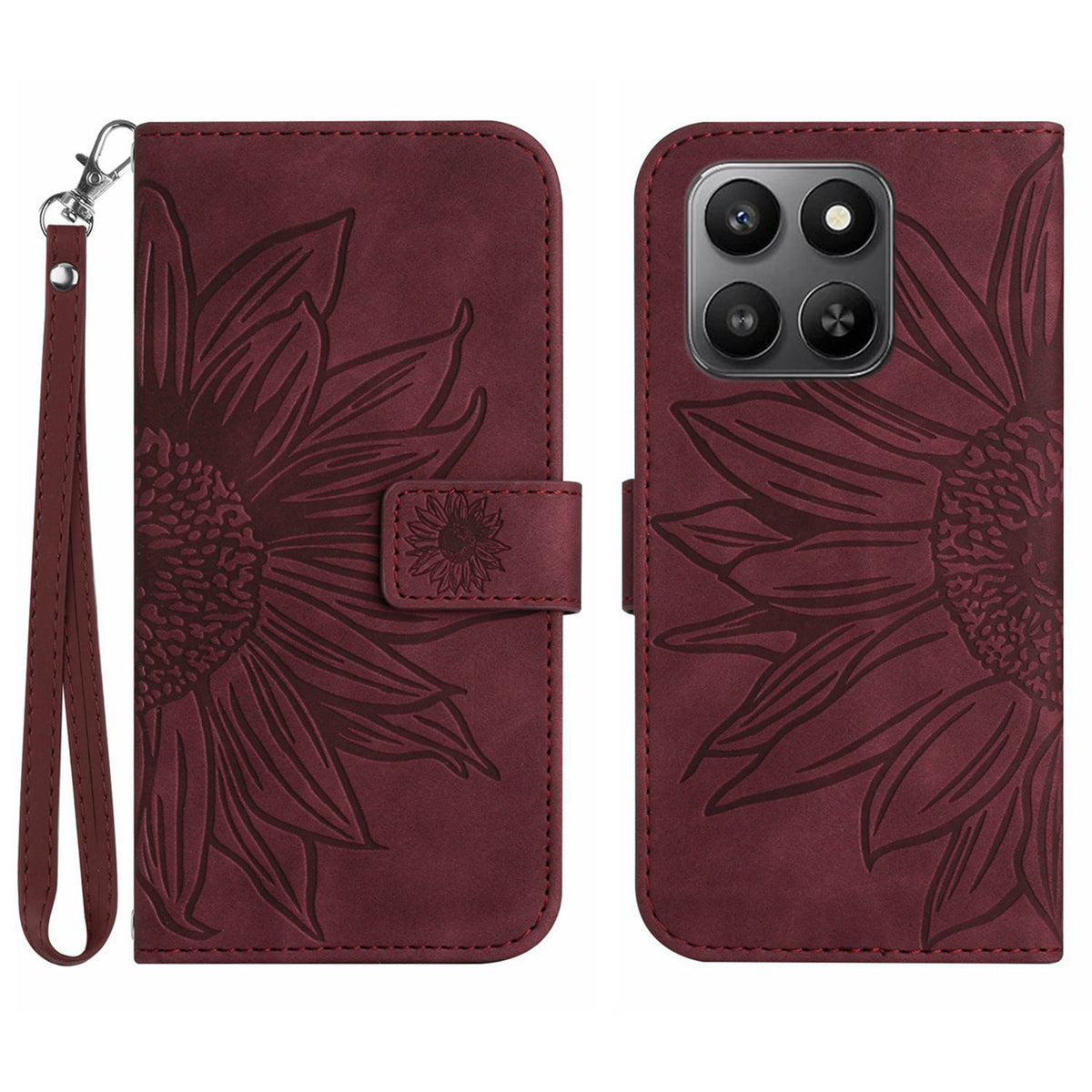 For Honor 400 Smart 5G / 4G / X7d 4G cover Solsikkeaftryk Læderpung Telefoncover med håndrem