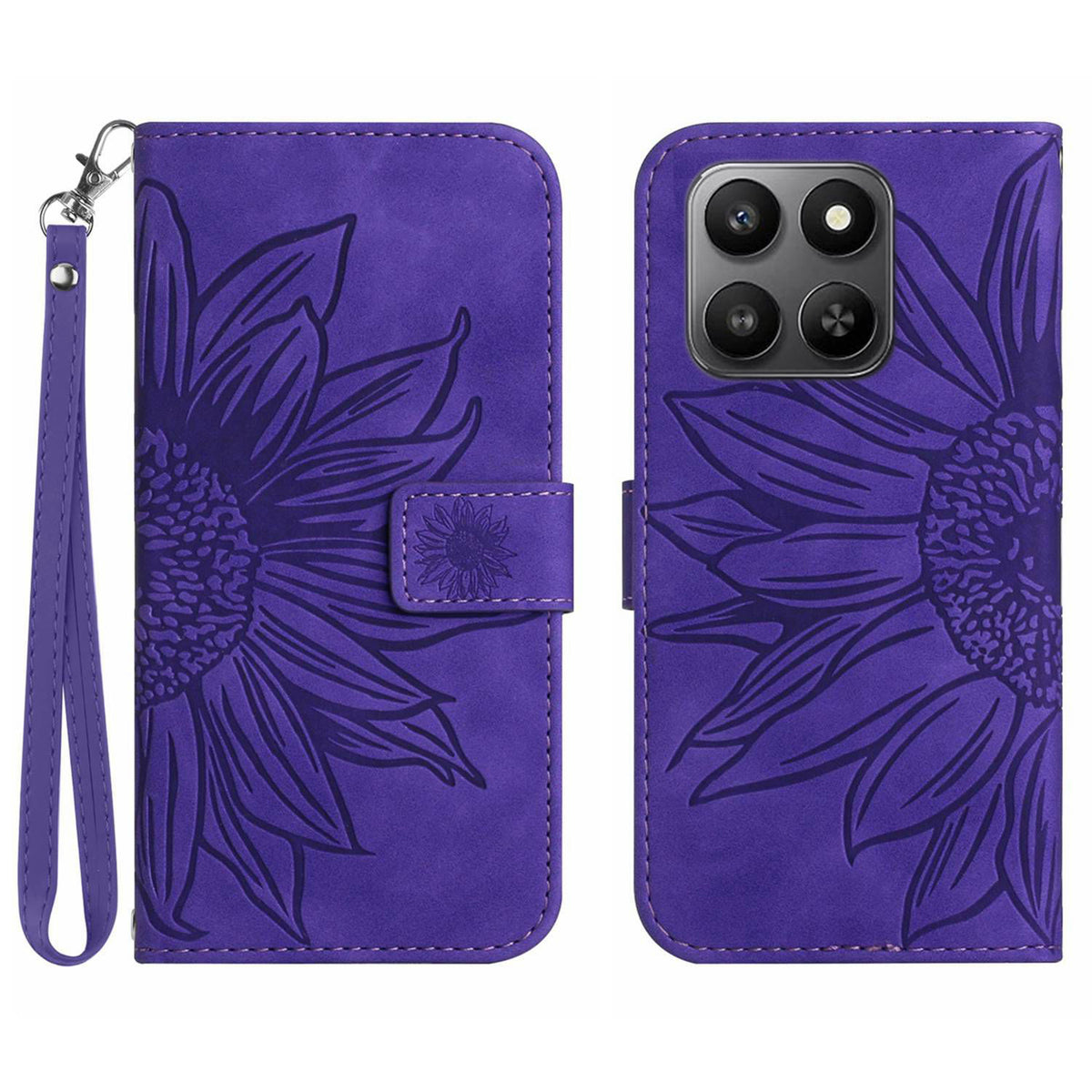 For Honor 400 Smart 5G / 4G / X7d 4G cover Solsikkeaftryk Læderpung Telefoncover med håndrem