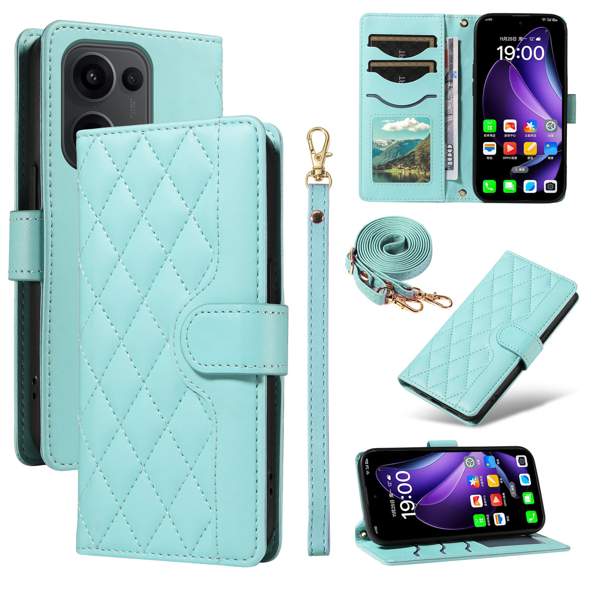 For Oppo Reno13 5G (Global) Wallet Case Rhombus Leather Phone Cover with Strap