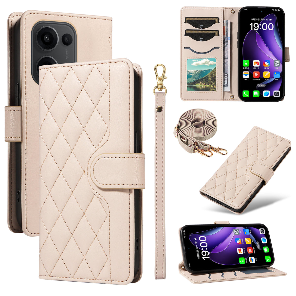 For Oppo Reno13 5G (Global) Wallet Case Rhombus Leather Phone Cover with Strap