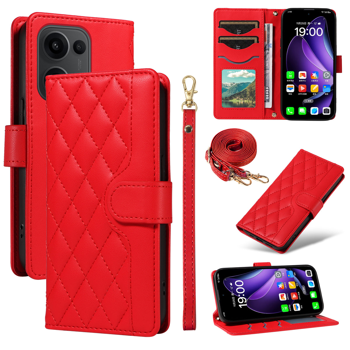 For Oppo Reno13 5G (Global) Wallet Case Rhombus Leather Phone Cover with Strap