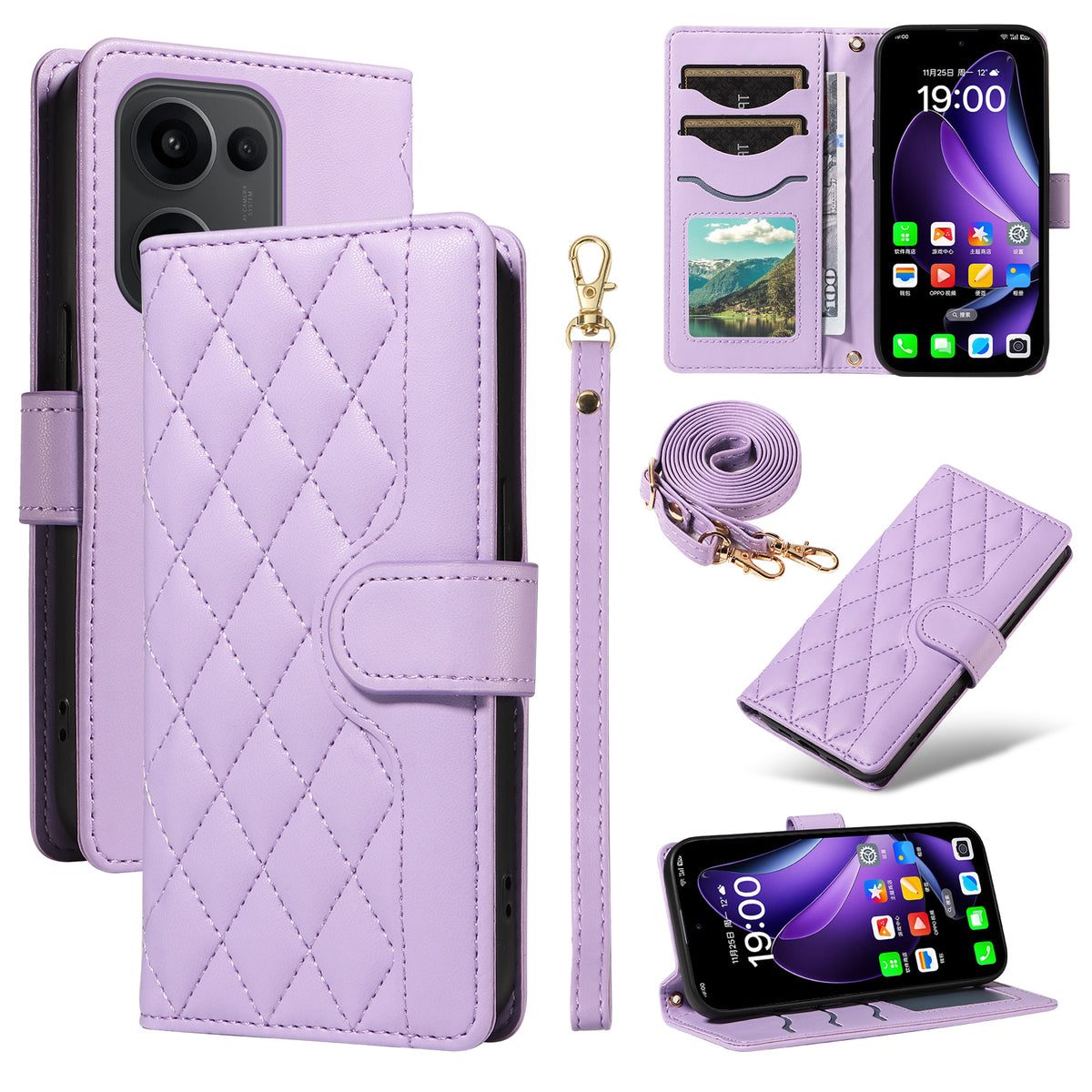 For Oppo Reno13 5G (Global) Wallet Case Rhombus Leather Phone Cover with Strap