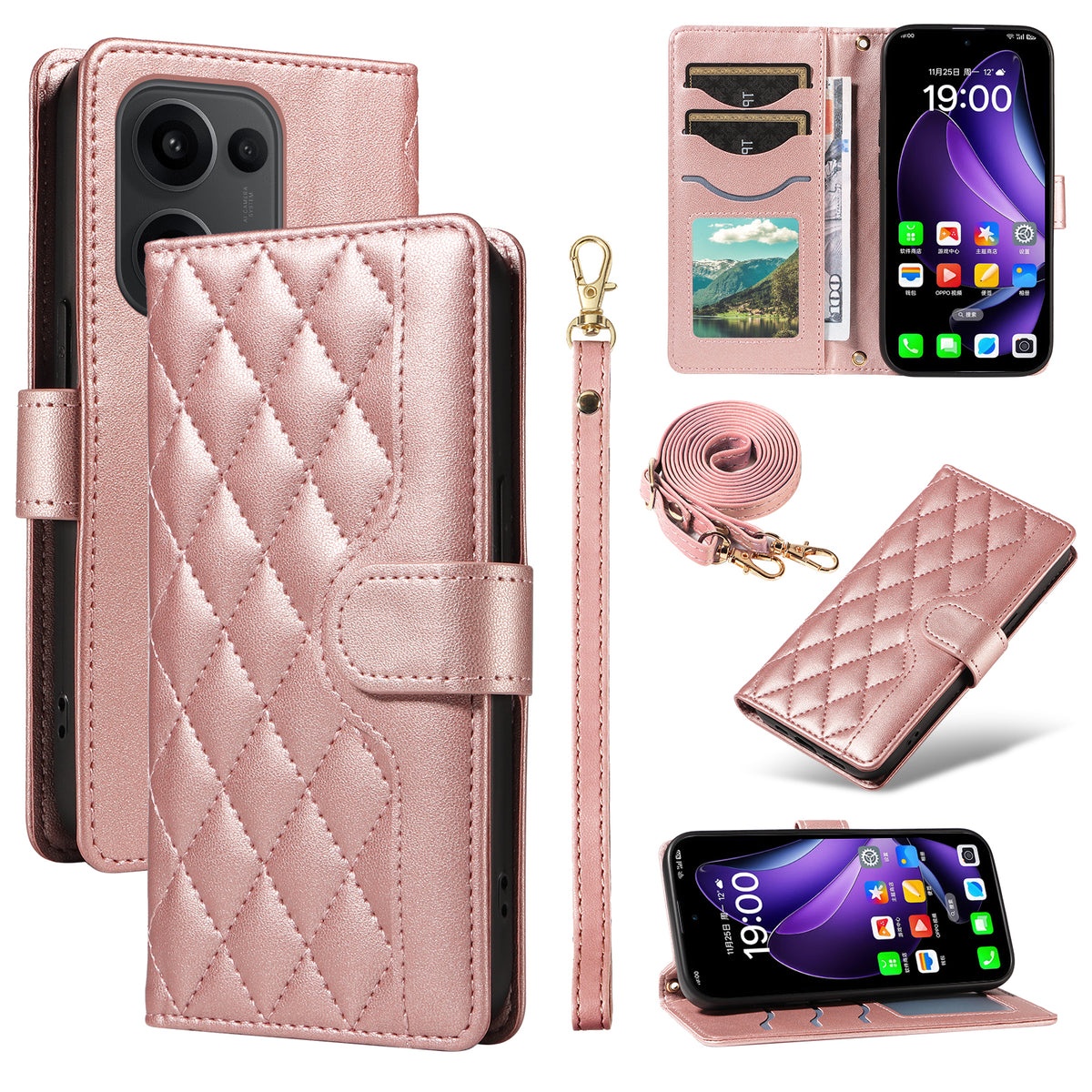For Oppo Reno13 5G (Global) Wallet Case Rhombus Leather Phone Cover with Strap
