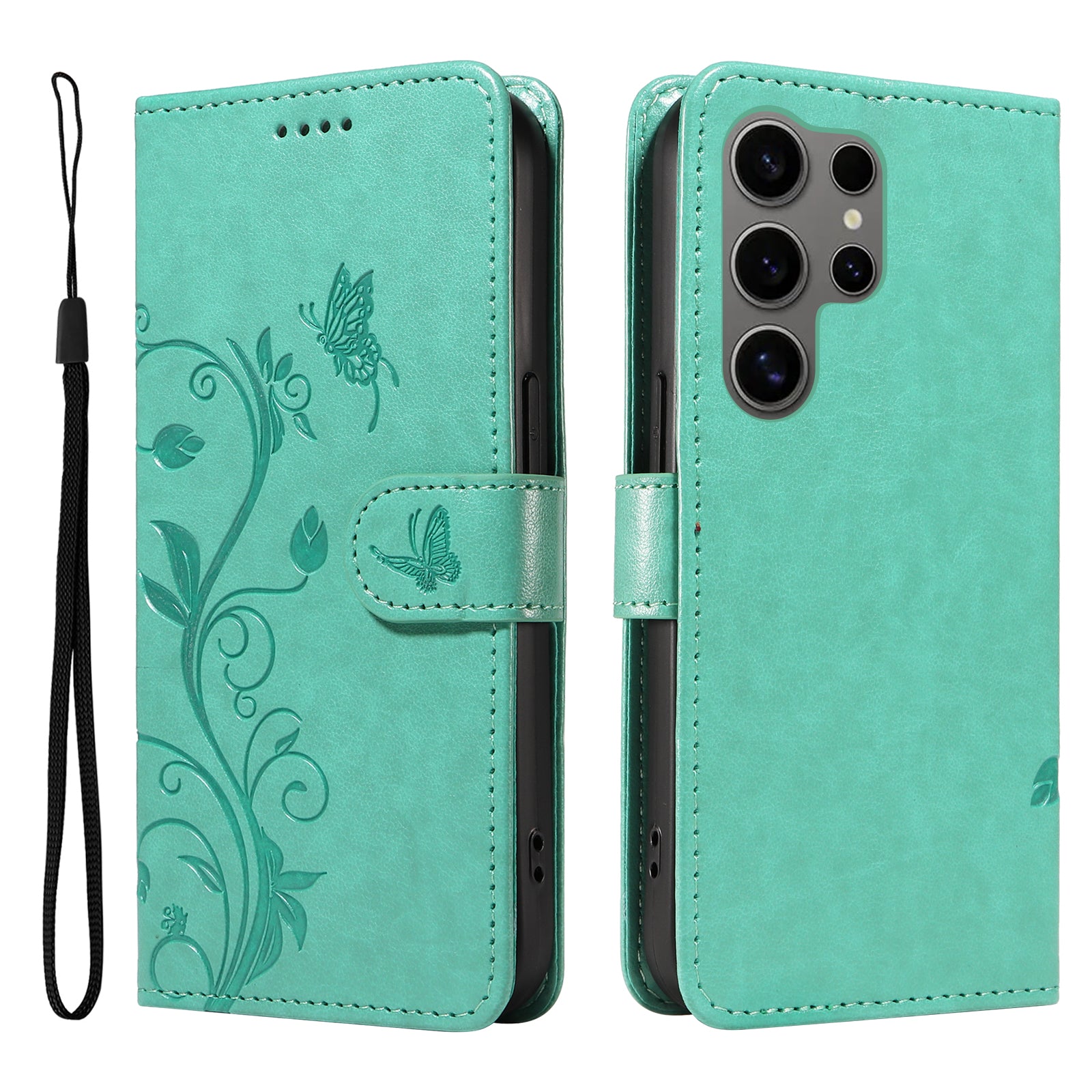 For Samsung Galaxy S25 Ultra PU Leather Cases Flower Pattern Wallet Stand Phone Cover with Strap