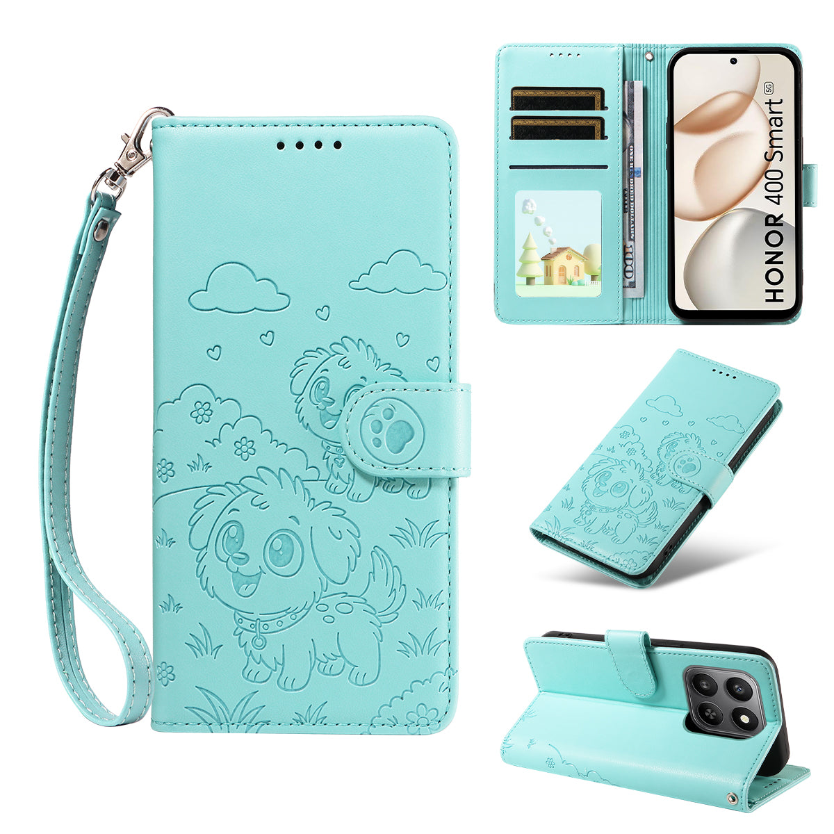 For Honor 400 Smart 5G / 4G / X7d 4G Case RFID Blocking Imprinted Dog Pattern PU Leather Phone Cover with Wrist Strap