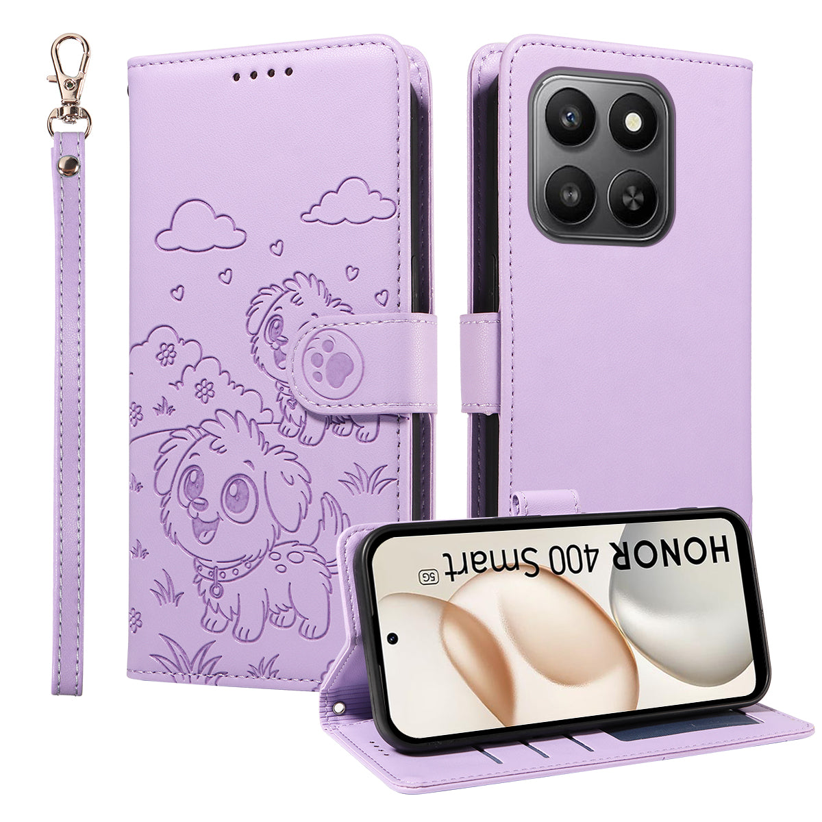 For Honor 400 Smart 5G / 4G / X7d 4G Case RFID Blocking Imprinted Dog Pattern PU Leather Phone Cover with Wrist Strap