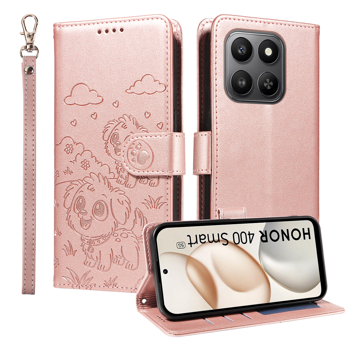For Honor 400 Smart 5G / 4G / X7d 4G Case RFID Blocking Imprinted Dog Pattern PU Leather Phone Cover with Wrist Strap