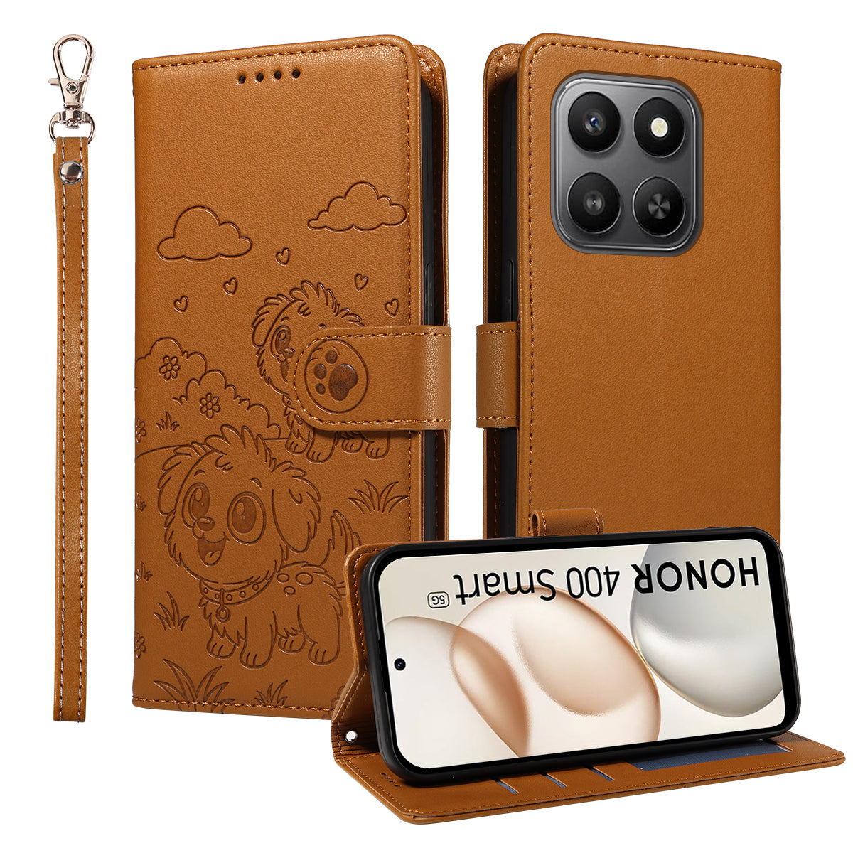 For Honor 400 Smart 5G / 4G / X7d 4G Case RFID Blocking Imprinted Dog Pattern PU Leather Phone Cover with Wrist Strap