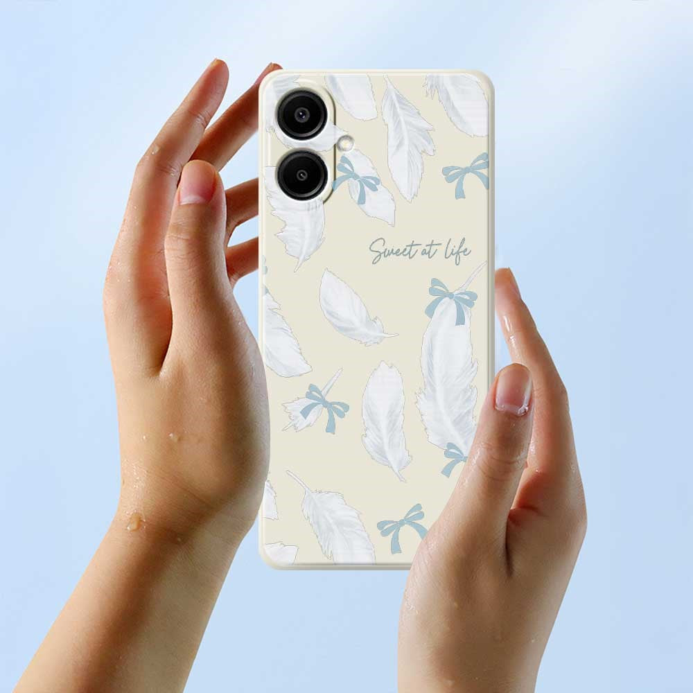 For Samsung Galaxy A08 5G / A08 4G / A07 5G / A07 4G Case White Feathers Pattern Printing Straight Edge TPU Phone Back Cover