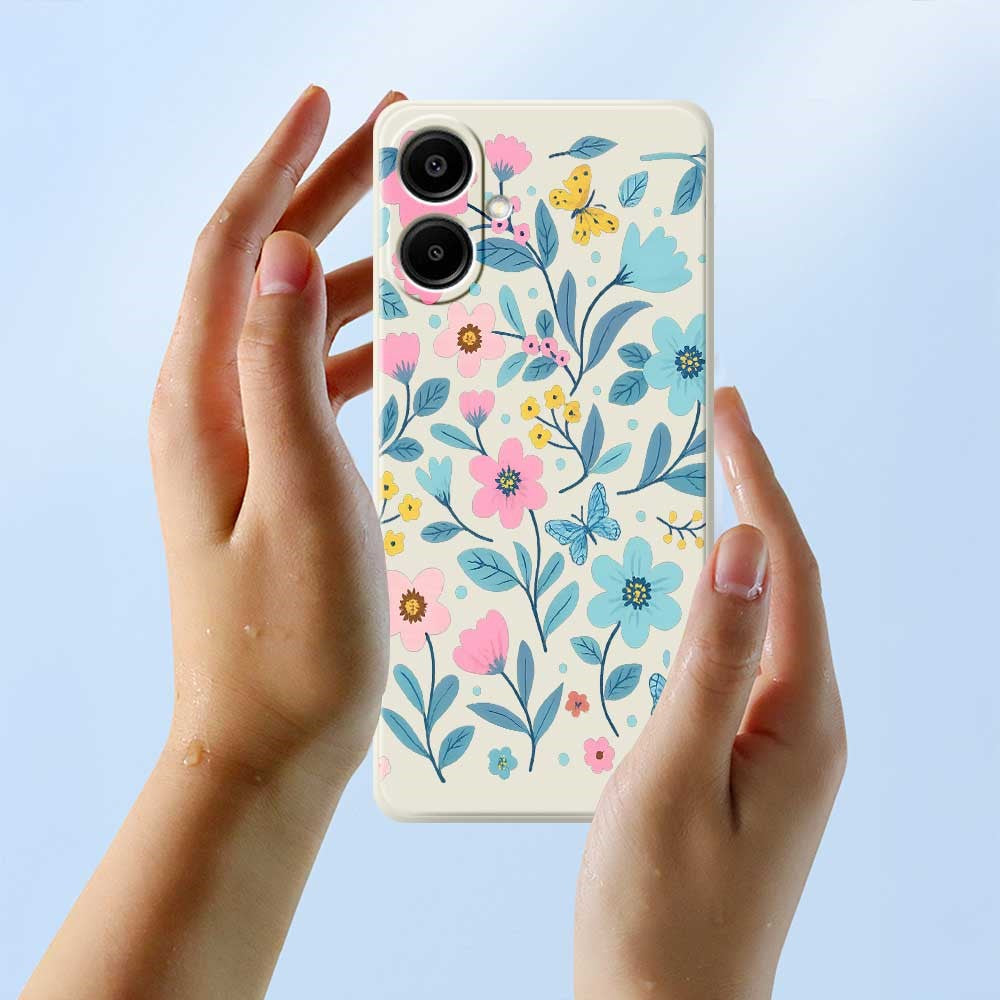 For Samsung Galaxy A08 5G / A08 4G / A07 5G / A07 4G Case Blue Pink Flowers Pattern Printing Straight Edge TPU Phone Back Cover