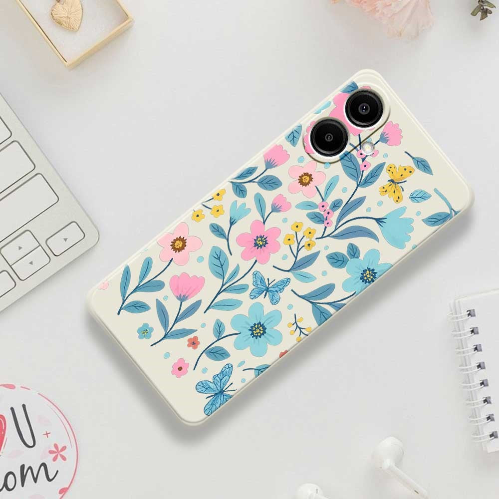 For Samsung Galaxy A08 5G / A08 4G / A07 5G / A07 4G Case Blue Pink Flowers Pattern Printing Straight Edge TPU Phone Back Cover