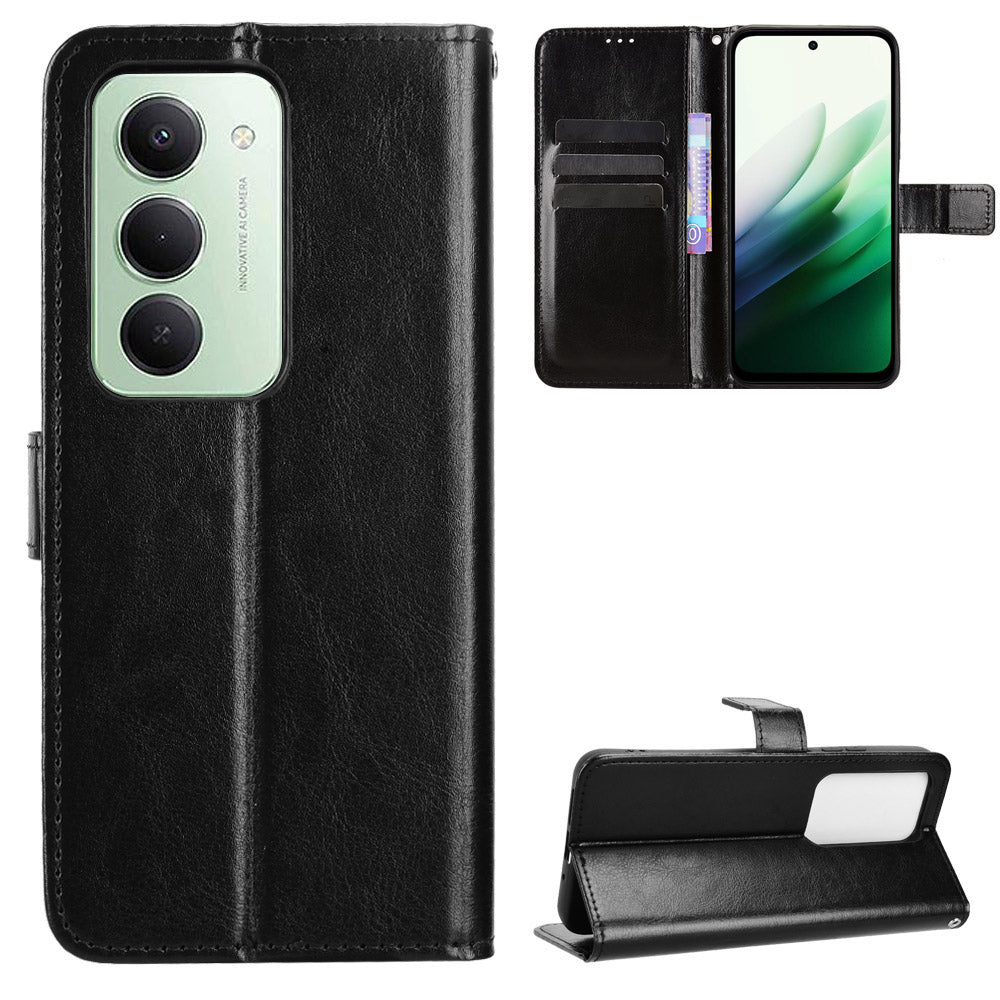 For Xiaomi Redmi 15 4G (EU) (171mm) PU Leather Case with Strap Crazy Horse Texture Phone Wallet Cover