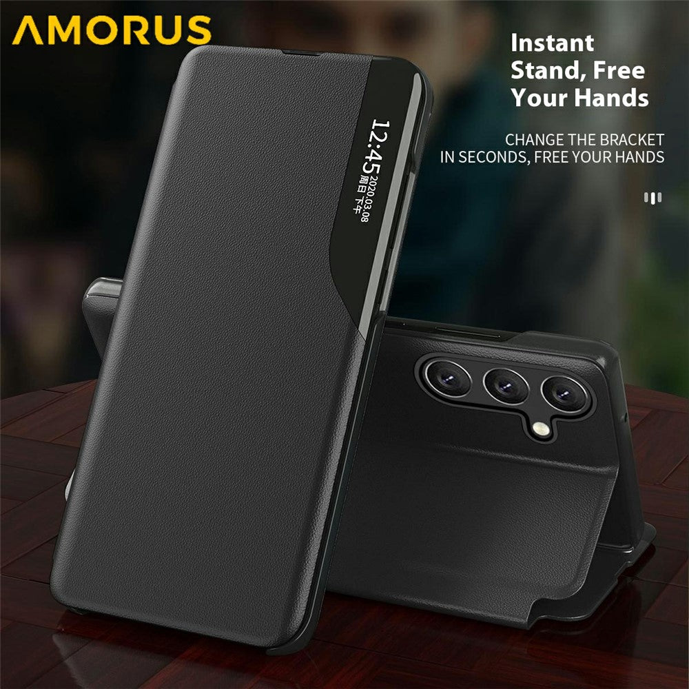 AMORUS For Samsung Galaxy S25+ Case View Window Stand PU Leather Phone Cover