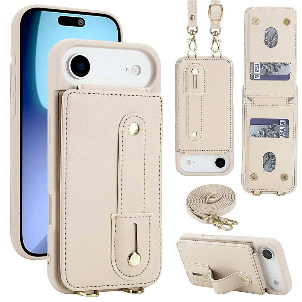 For iPhone Air Case Kickstand Card Slots Leather Coated TPU Cover with Shoulder Strap