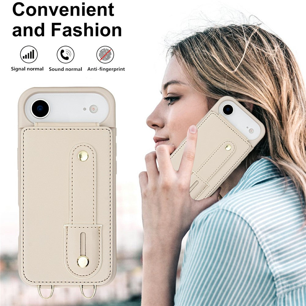 For iPhone Air Case Kickstand Card Slots Leather Coated TPU Cover with Shoulder Strap