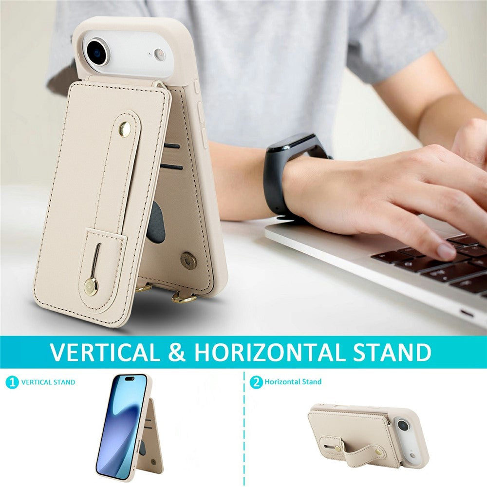 For iPhone Air Case Kickstand Card Slots Leather Coated TPU Cover with Shoulder Strap