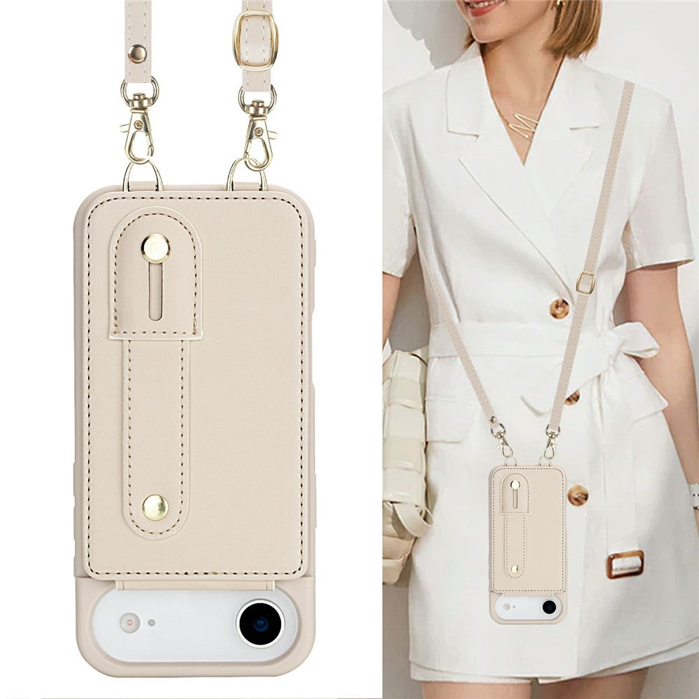 For iPhone Air Case Kickstand Card Slots Leather Coated TPU Cover with Shoulder Strap