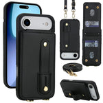 For iPhone Air Case Kickstand Card Slots Leather Coated TPU Cover with Shoulder Strap