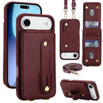 For iPhone Air Case Kickstand Card Slots Leather Coated TPU Cover with Shoulder Strap