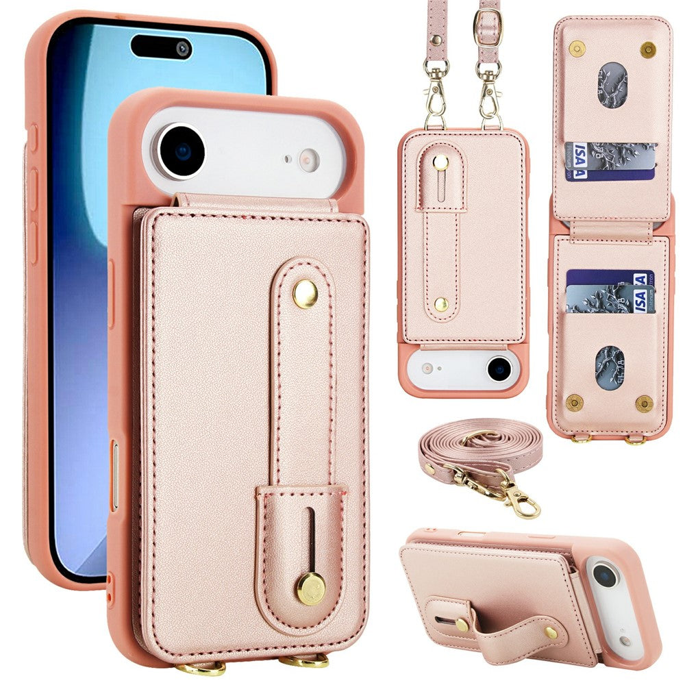 For iPhone Air Case Kickstand Card Slots Leather Coated TPU Cover with Shoulder Strap