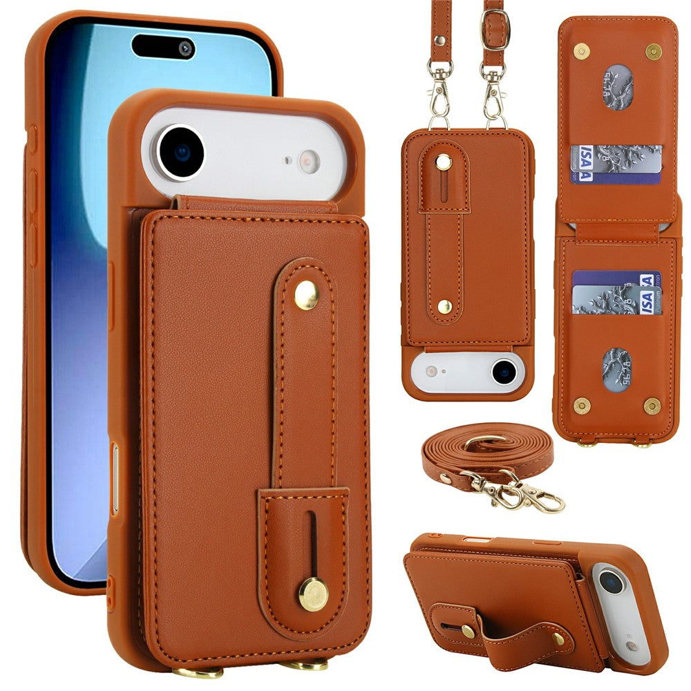For iPhone Air Case Kickstand Card Slots Leather Coated TPU Cover with Shoulder Strap