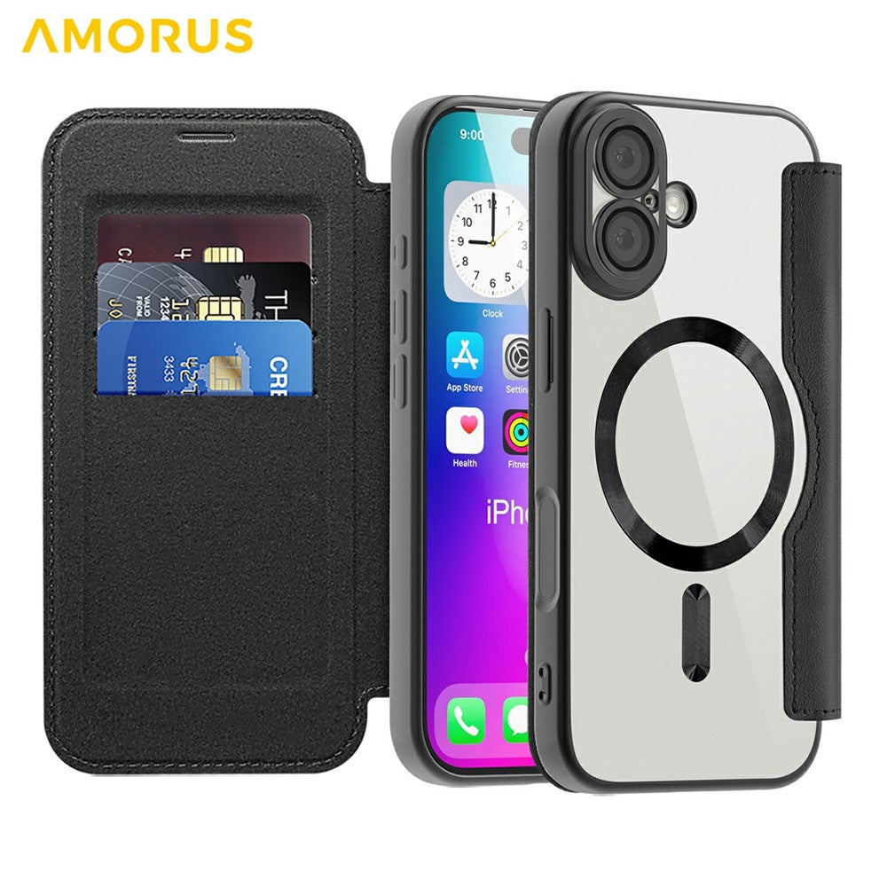 AMORUS For iPhone 17 Case Compatible with MagSafe RFID Blocking Card Holder Leather Phone Cover