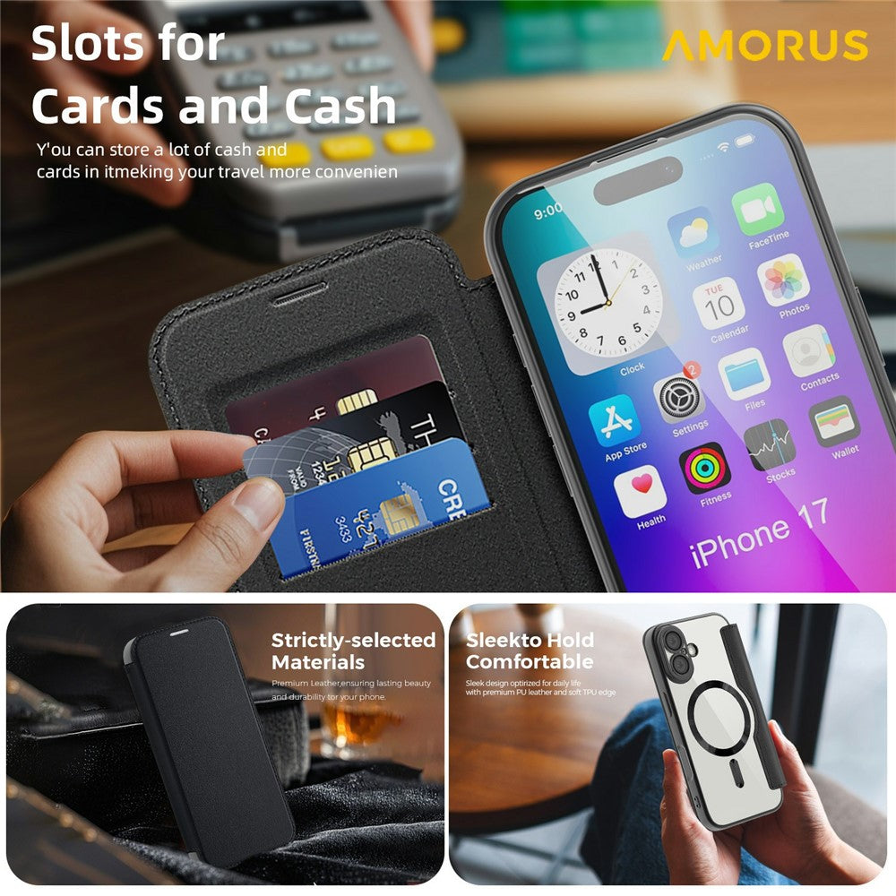 AMORUS For iPhone 17 Case Compatible with MagSafe RFID Blocking Card Holder Leather Phone Cover