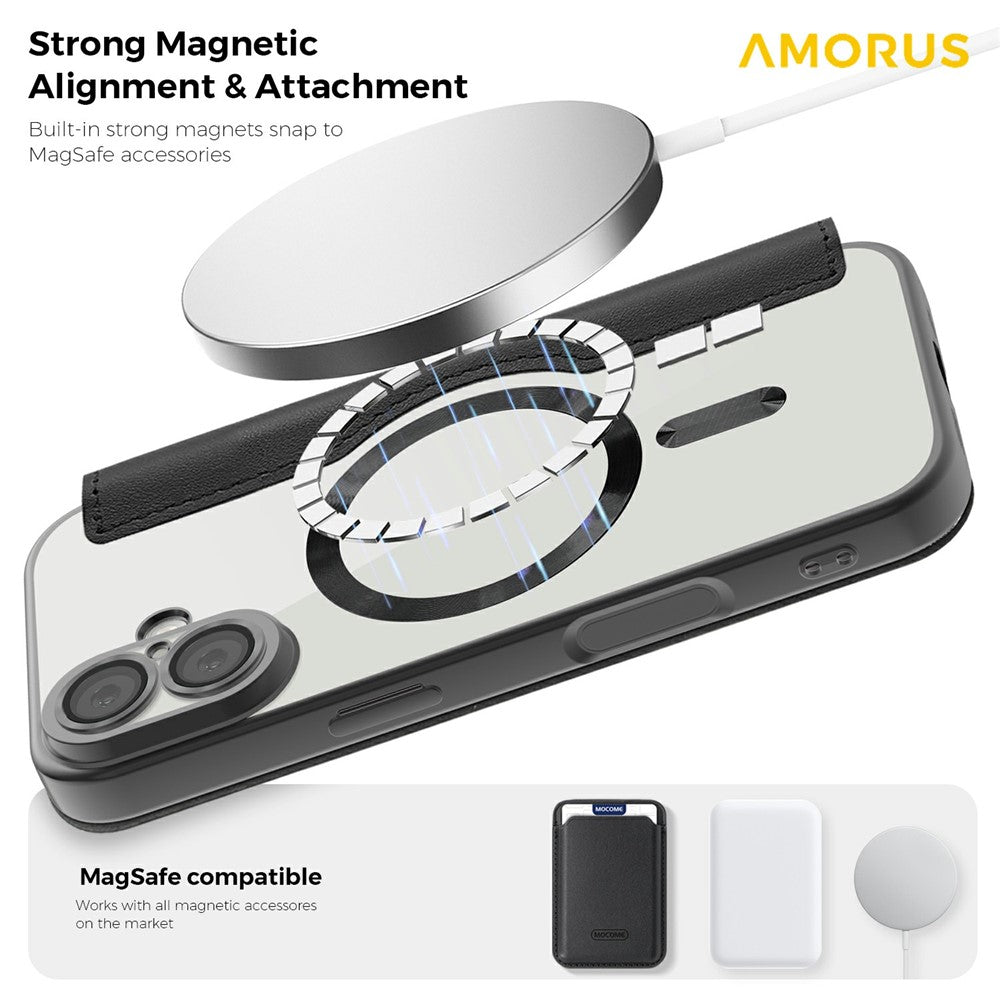 AMORUS For iPhone 17 Case Compatible with MagSafe RFID Blocking Card Holder Leather Phone Cover