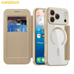 AMORUS For iPhone 17 Pro Max Case Compatible with MagSafe RFID Blocking Card Holder Leather Phone Cover