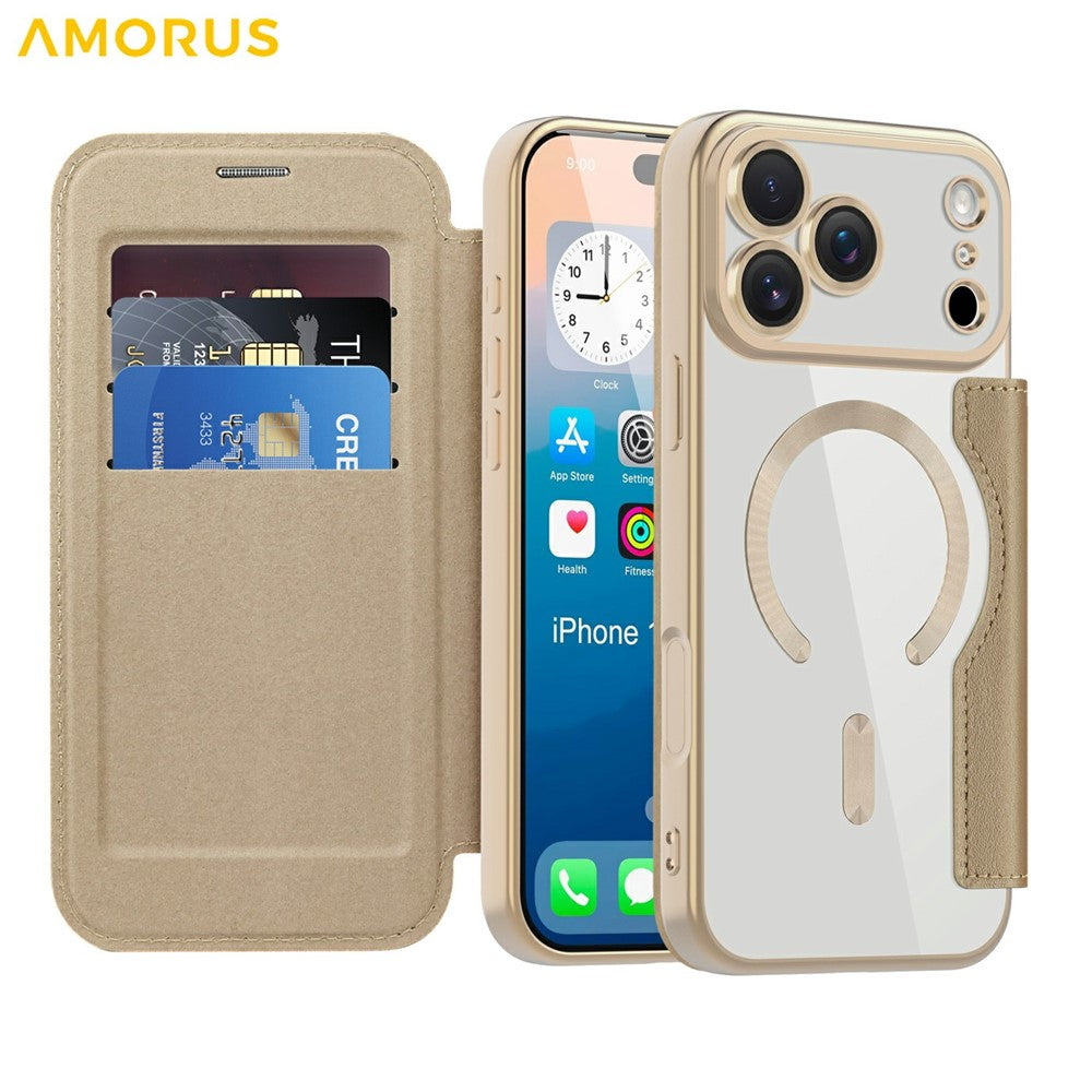 AMORUS For iPhone 17 Pro Max Case Compatible with MagSafe RFID Blocking Card Holder Leather Phone Cover