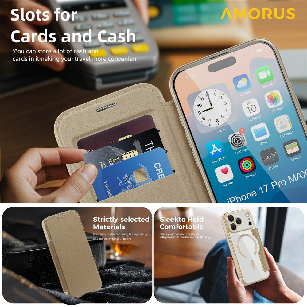 AMORUS For iPhone 17 Pro Max Case Compatible with MagSafe RFID Blocking Card Holder Leather Phone Cover
