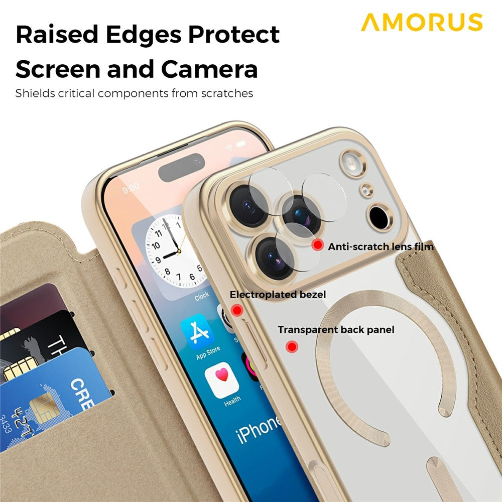 AMORUS For iPhone 17 Pro Max Case Compatible with MagSafe RFID Blocking Card Holder Leather Phone Cover