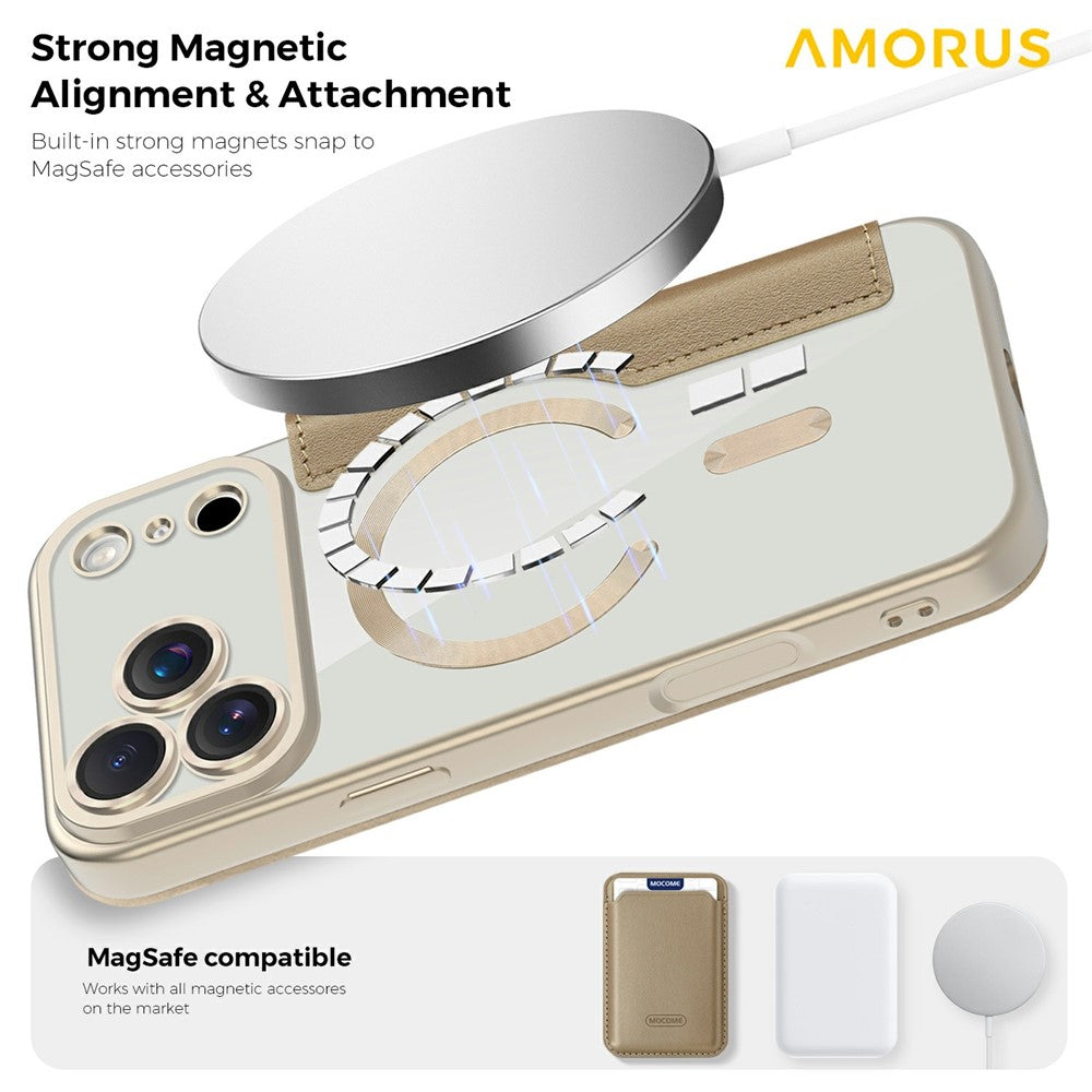 AMORUS For iPhone 17 Pro Max Case Compatible with MagSafe RFID Blocking Card Holder Leather Phone Cover