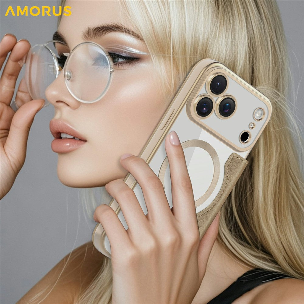 AMORUS For iPhone 17 Pro Max Case Compatible with MagSafe RFID Blocking Card Holder Leather Phone Cover