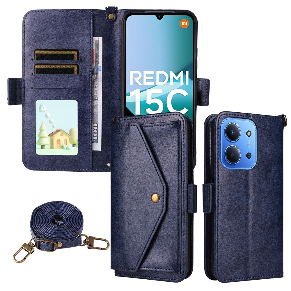 For Xiaomi Redmi 15C 4G (Global) (171mm) / Poco C85 4G (171mm) Leather Case Magnetic Closure Wallet Stand Phone Cover with Crossbody Strap