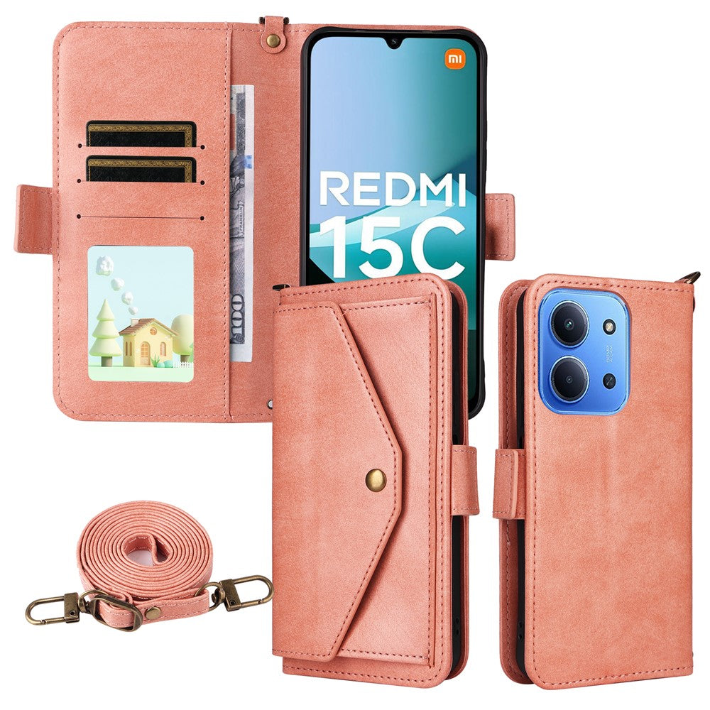 For Xiaomi Redmi 15C 4G (Global) (171mm) / Poco C85 4G (171mm) Leather Case Magnetic Closure Wallet Stand Phone Cover with Crossbody Strap